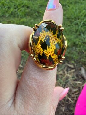 Gold-Tone Leopard Print Statement Ring - Yellow & Black